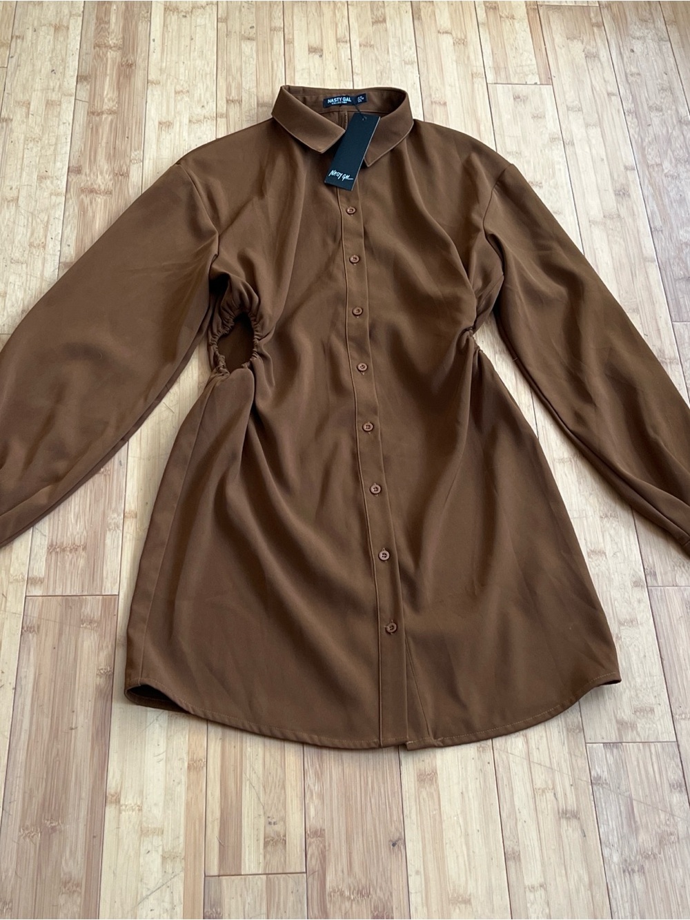 Nasty Gal Brown Button-Front Long Sleeve Dress